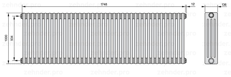 Схема (чертеж) Радиатор Zehnder Charleston 4100/38 №1270 Белый глянцевый RAL 9016